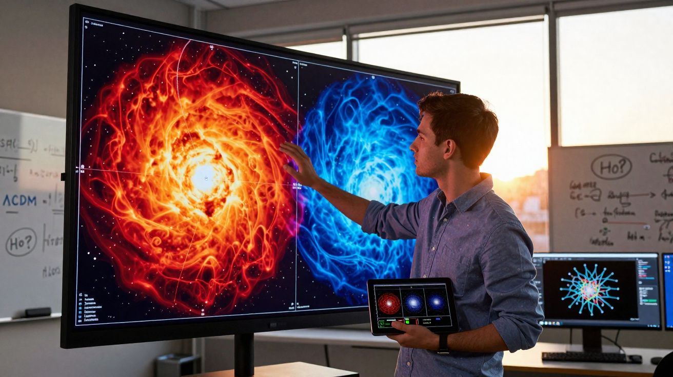 Homem analisa imagens digitais coloridas de estrelas em ecrãs num laboratório moderno.
