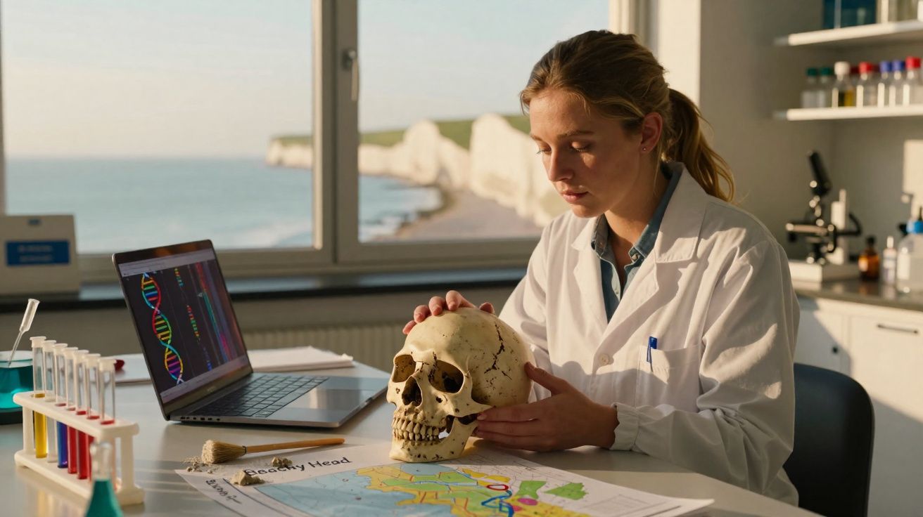 Cientista em laboratório a examinar um crânio humano com mapa e código genético no portátil.