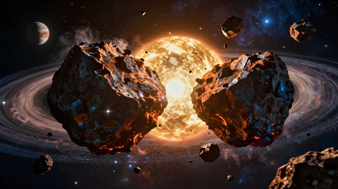 Asteroides grandes com fragmentos pequenos em órbita ao redor de uma estrela brilhante no espaço.