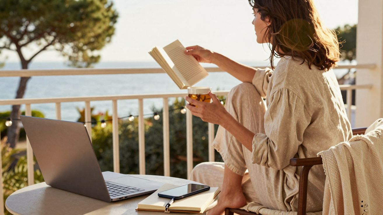Mulher sentada numa varanda junto ao mar, a ler um livro e segurar uma chávena de chá, com portátil e caderno à frente.