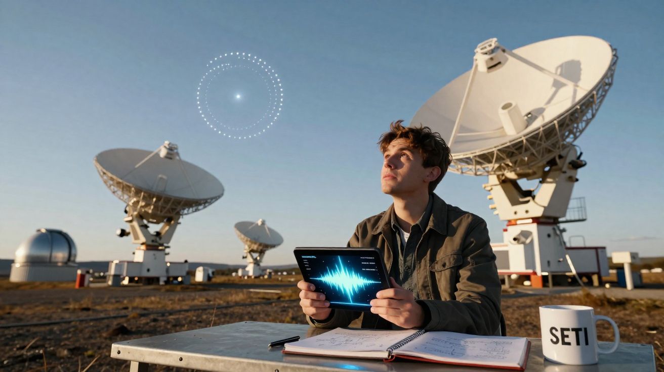 Homem com tablet a analisar sinais numa estação de rádio astronomia com antenas parabólicas SETI ao pôr do sol.