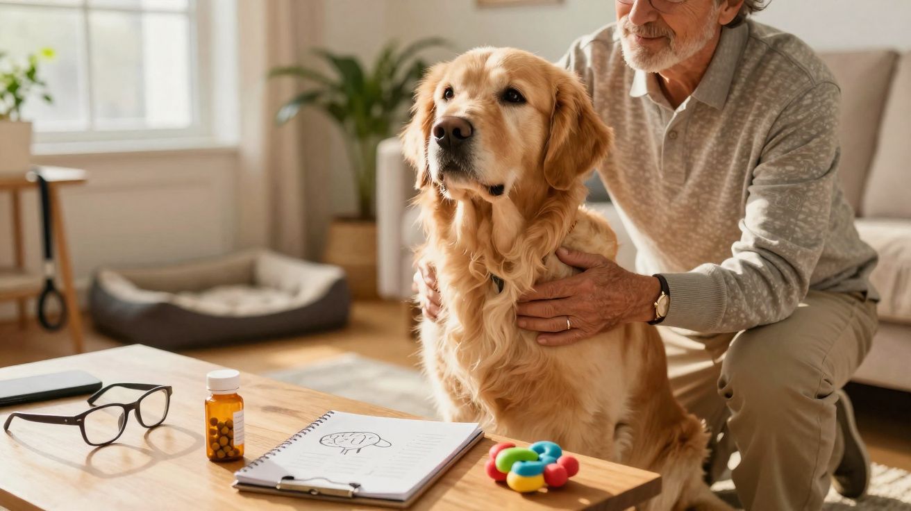 Homem com óculos e camisa cinzenta acaricia um cão golden retriever ao lado de medicamentos e brinquedos caninos.