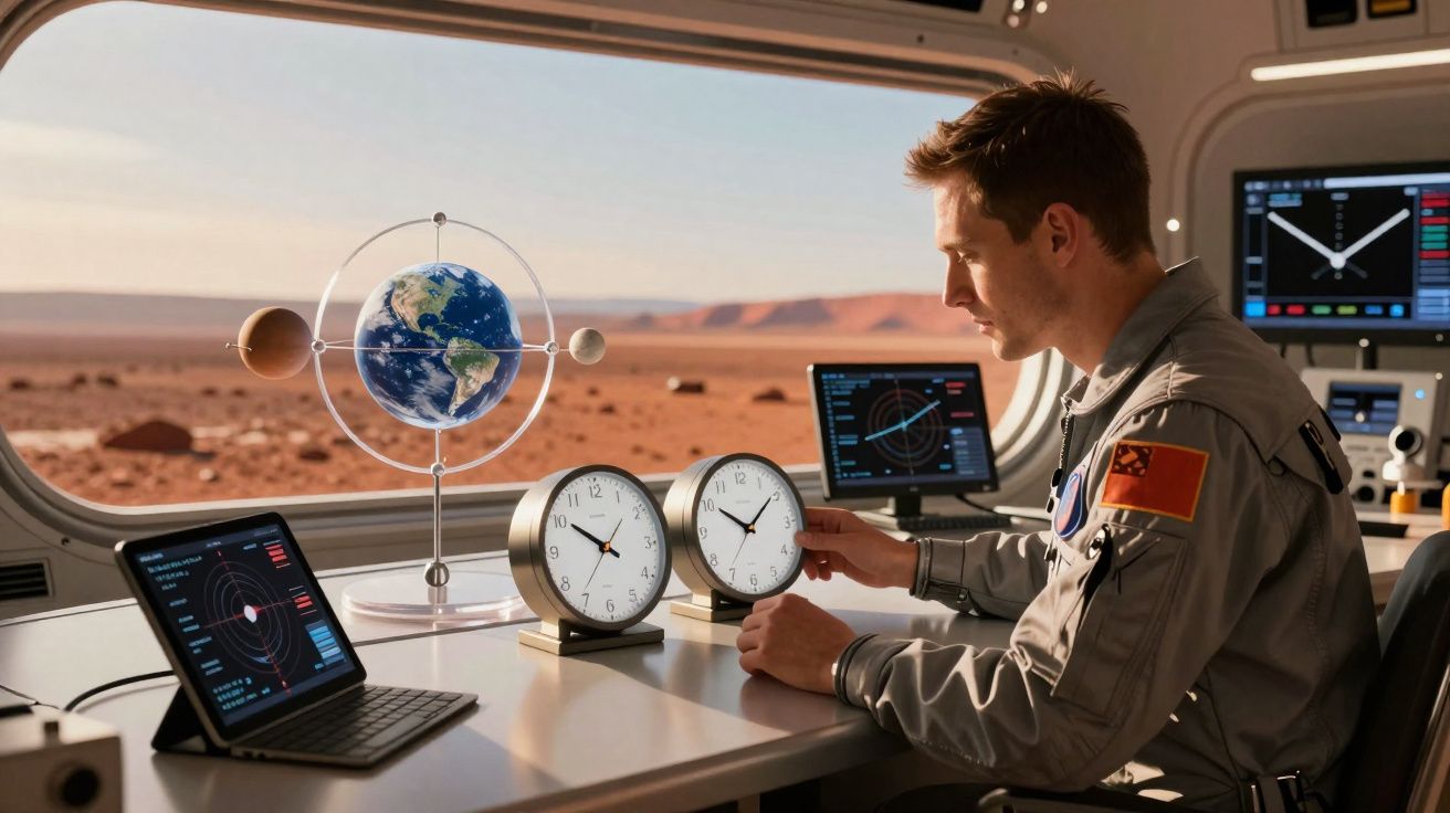 Astronauta ajusta relógios num laboratório com modelos do sistema solar e vista do planeta vermelho.