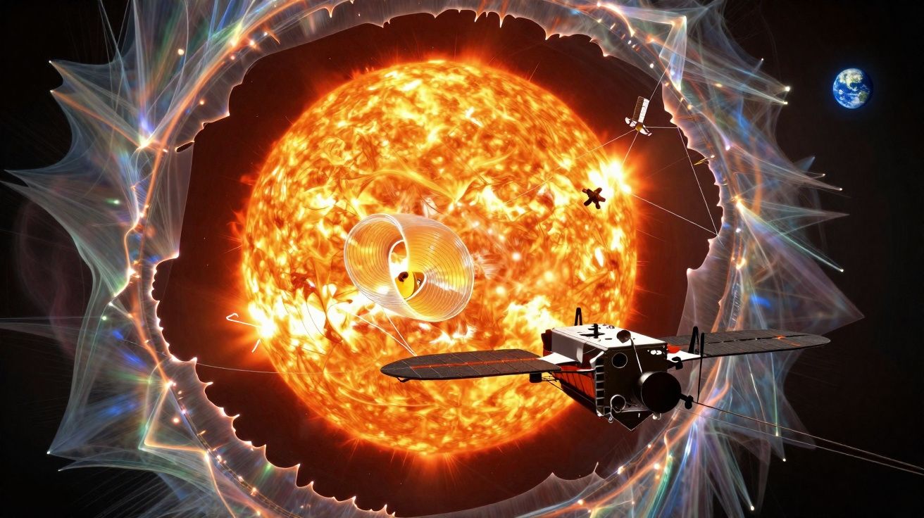 Ilustração de uma sonda espacial perto do Sol com a Terra visível ao fundo no espaço.