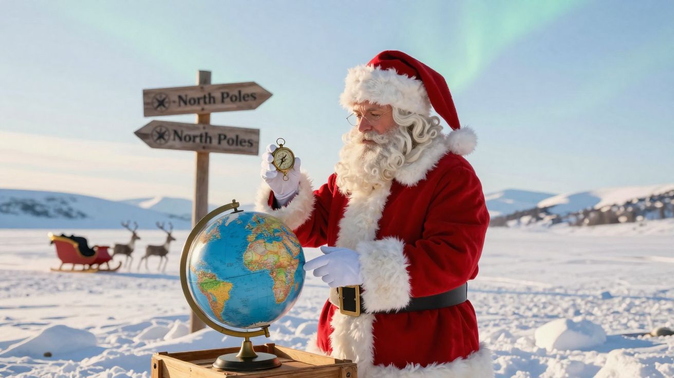 Pai Natal com bússola junto a globo terrestre na neve, com trenó e renas ao fundo e sinais do Polo Norte.