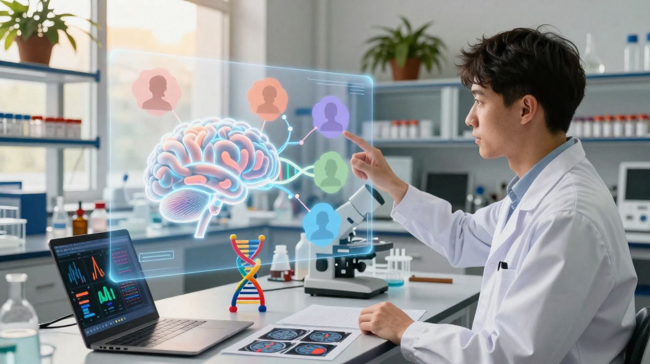Cientista em laboratório interage com holograma de cérebro e ADN, analisando dados científicos no computador.