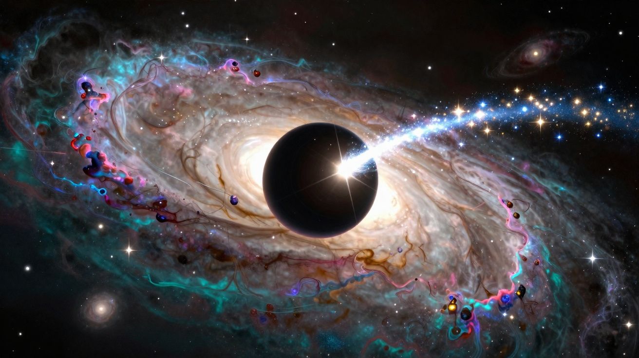 Buraco negro no centro de uma galáxia com disco de acreção luminoso e jato de partículas no espaço profundo.