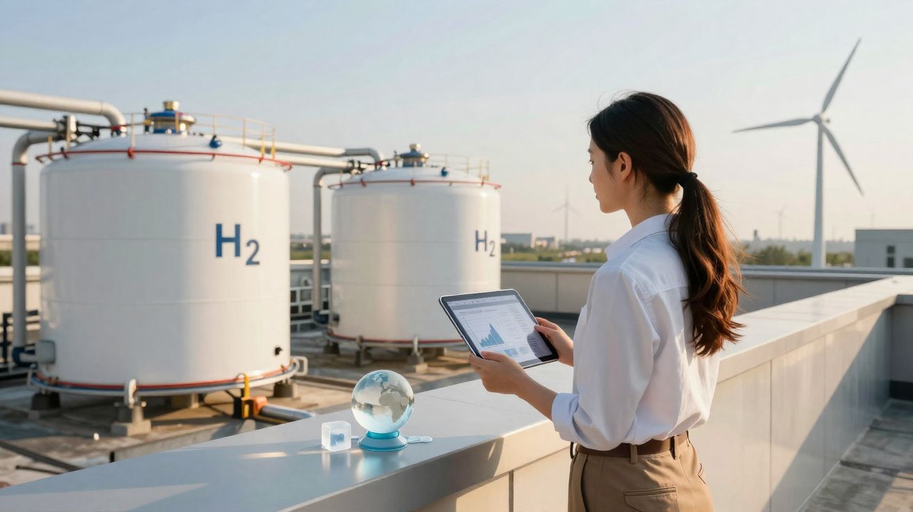 Mulher a usar tablet em instalação de armazenamento de hidrogénio com turbinas eólicas ao fundo.