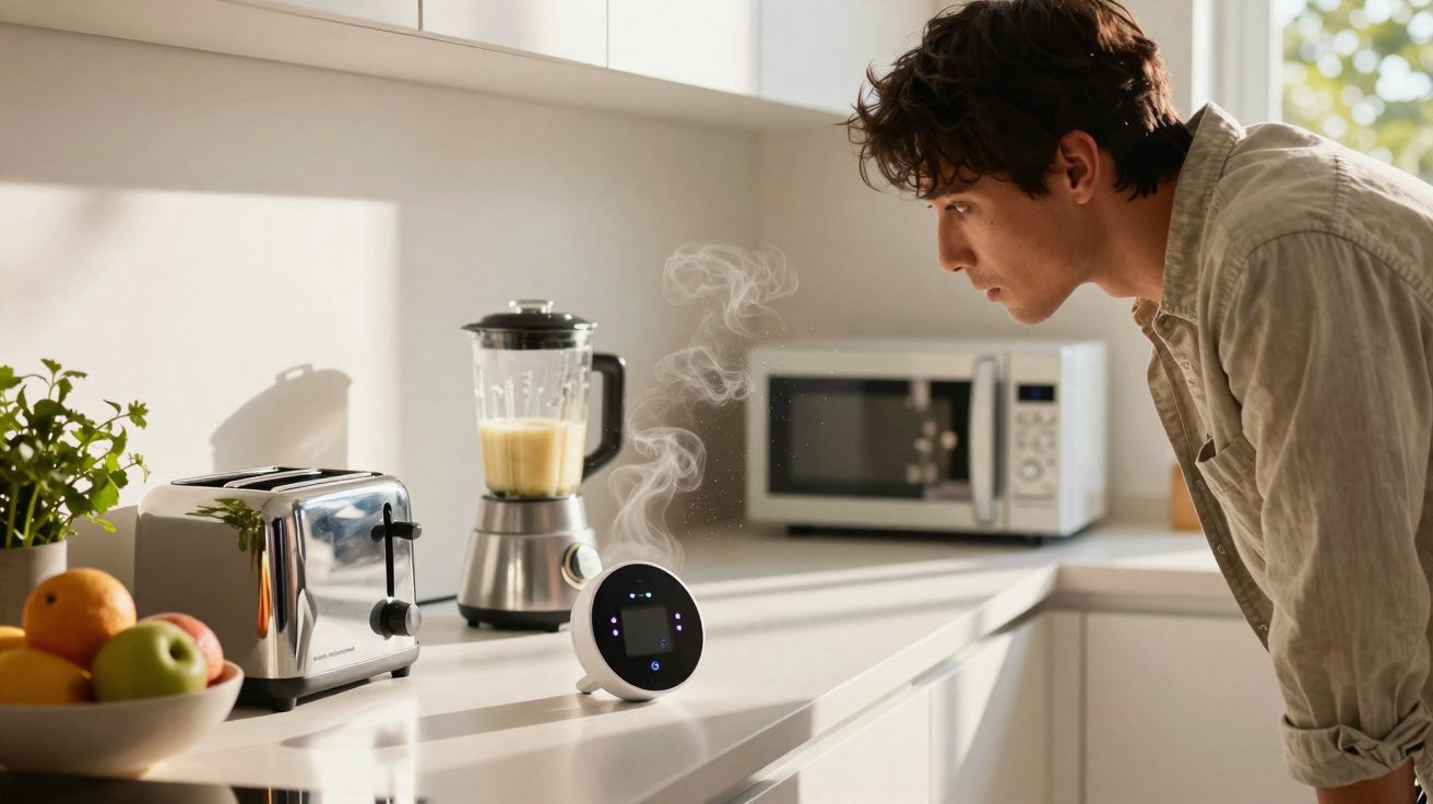 Homem jovem observa dispositivo digital a vapor na cozinha moderna com torradeira e liquidificador.