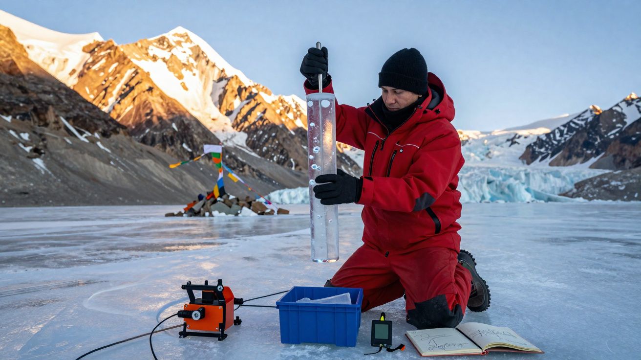 Cientista com roupa vermelha analisa amostra de gelo em lago congelado rodeado por montanhas nevadas.