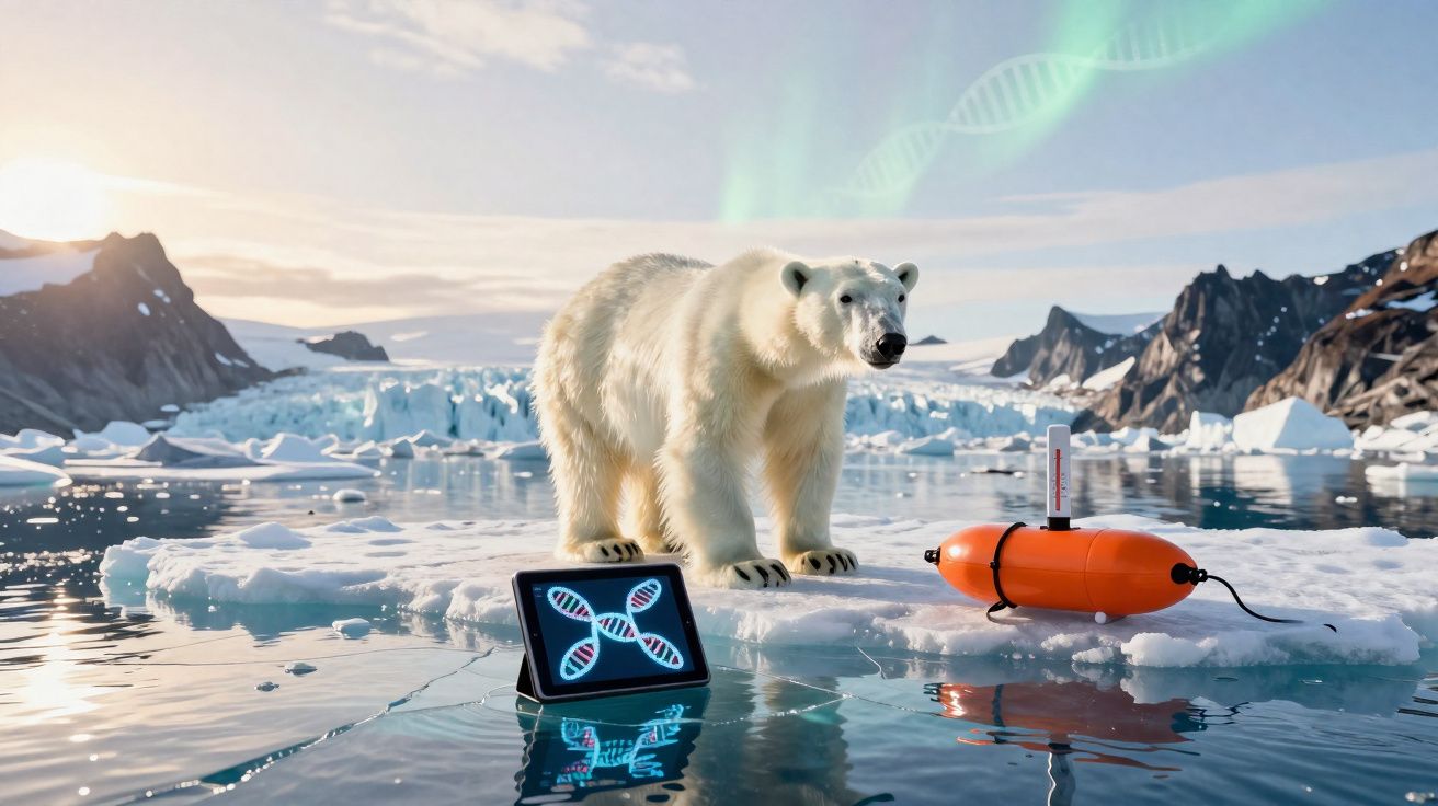 Urso polar sobre gelo com glaciar ao fundo, próximo de tablet com DNA e dispositivo científico laranja.