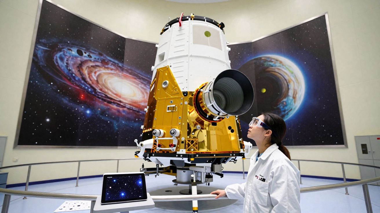 Mulher cientista observa satélite dourado com visor em sala com imagens do espaço nas paredes.