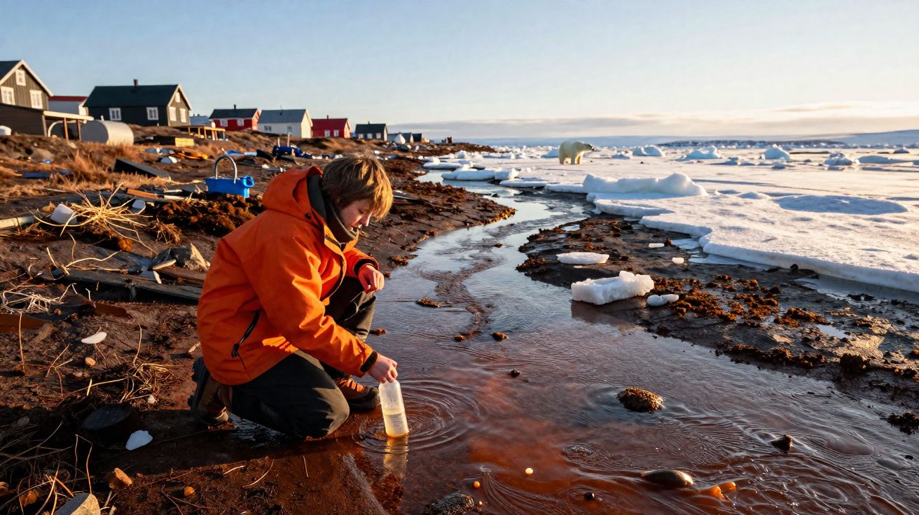 Pessoa de casaco laranja recolhe amostra de água em riacho perto de casas com gelo e urso polar ao fundo.