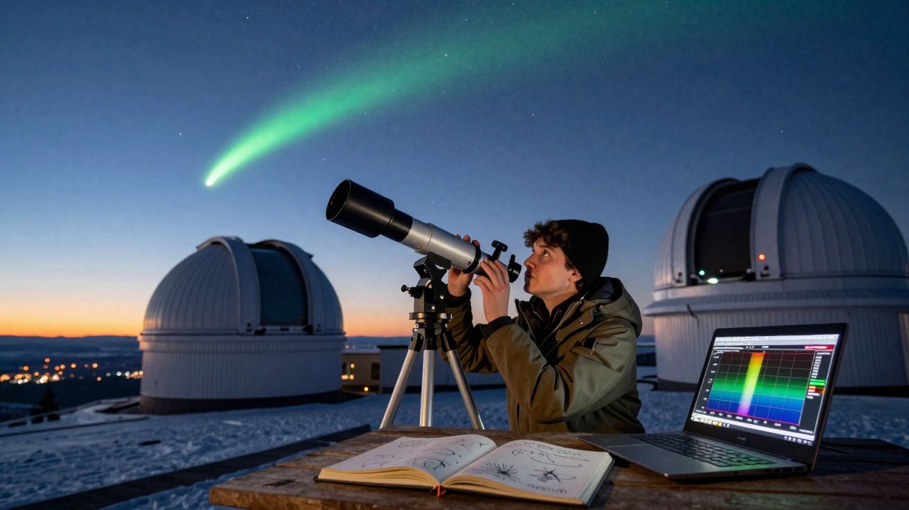 Pessoa observa um cometa com telescópio ao anoitecer, com planetário e livros de astronomia ao redor.