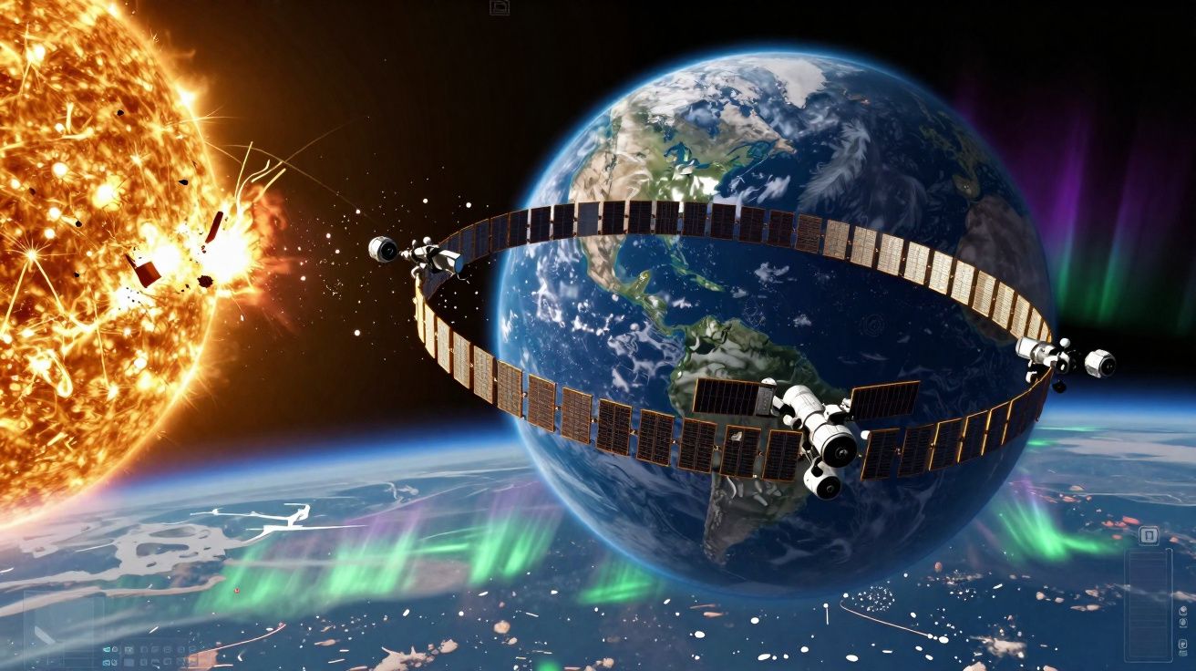 Ilustração do Sistema Solar com a Terra, o Sol e satélites orbitando junto a auroras boreais.