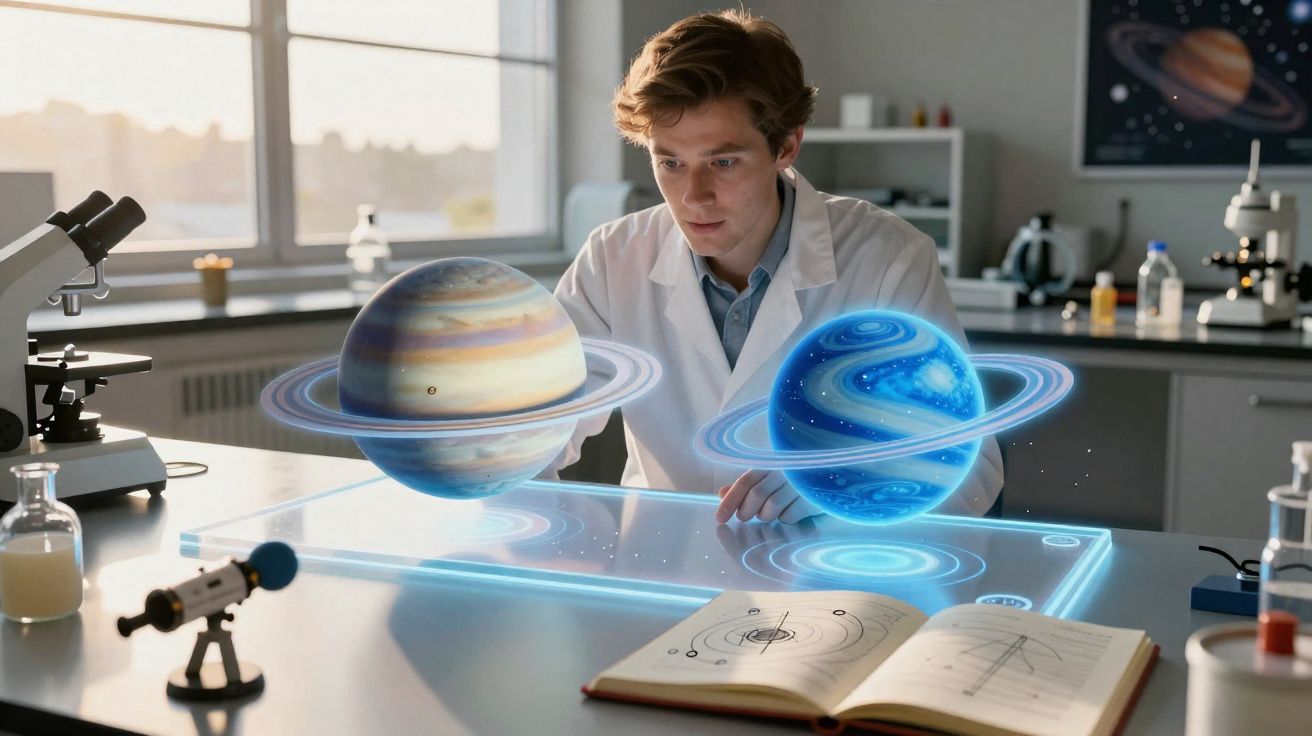 Cientista jovem numa sala de laboratório a estudar planetas em hologramas num ecrã digital tátil.