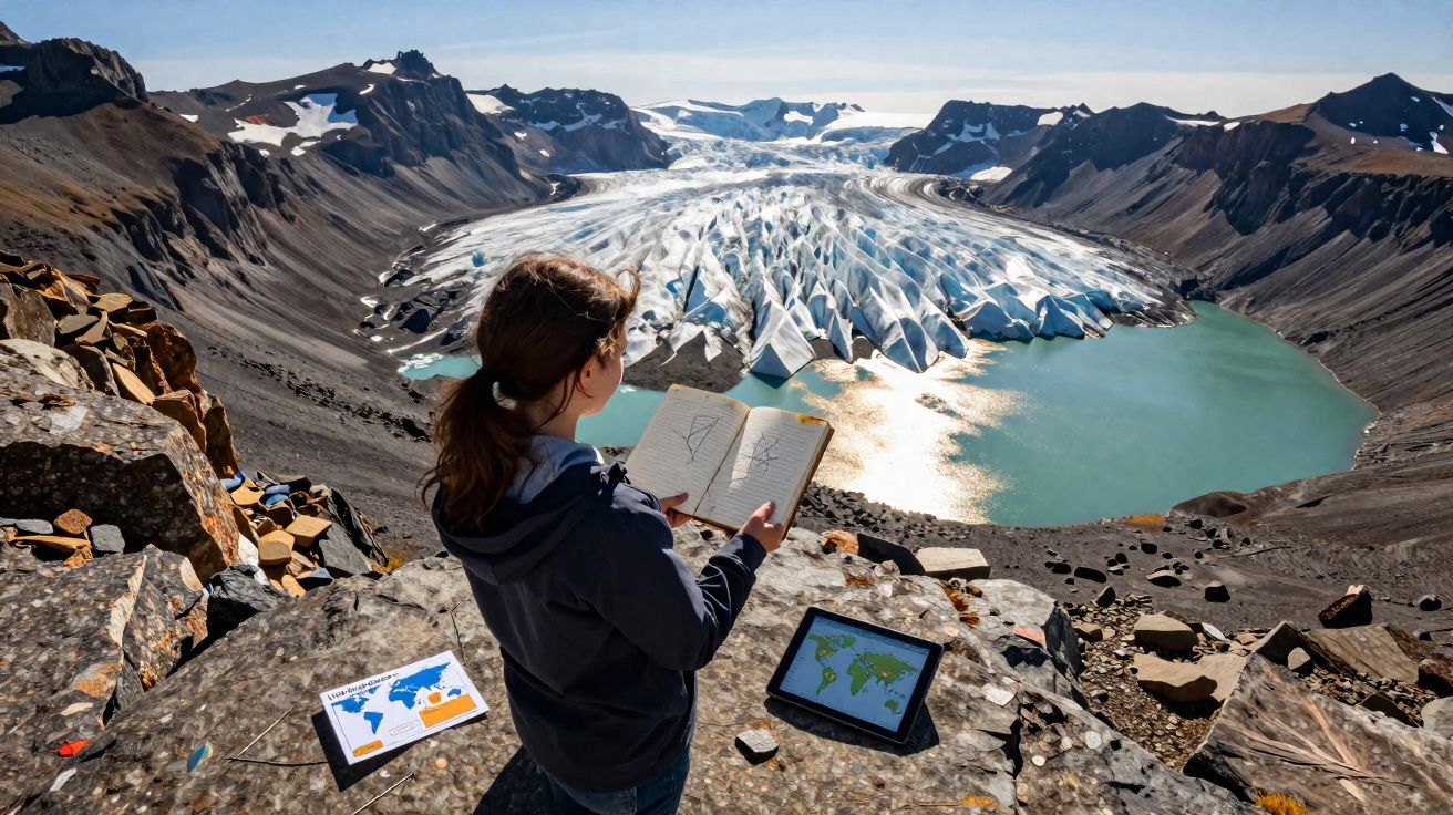 Pessoa observa glaciar e lago de montanha enquanto analisa mapas e anota em caderno num cenário rochoso ao sol.