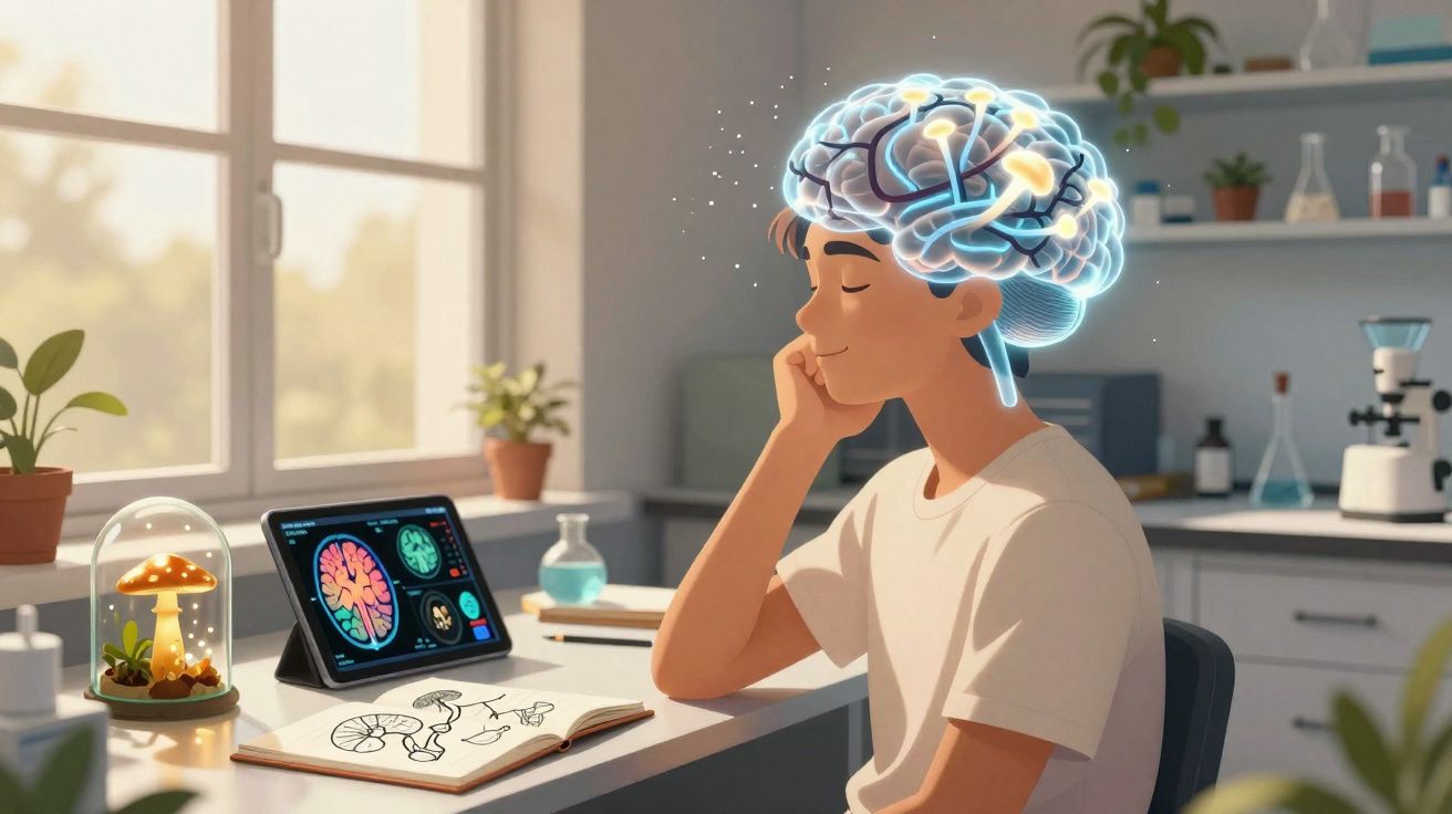 Rapaz sentado numa secretária com cérebro iluminado e desenho de cogumelos ao lado, em sala de estudo.