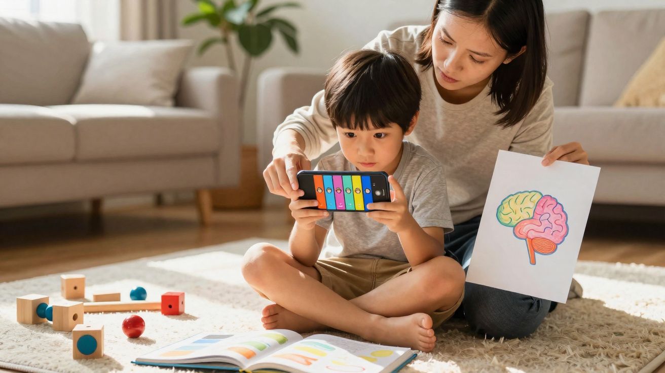 Criança a jogar no telemóvel enquanto adulta segura desenho colorido de cérebro sentados no chão da sala.