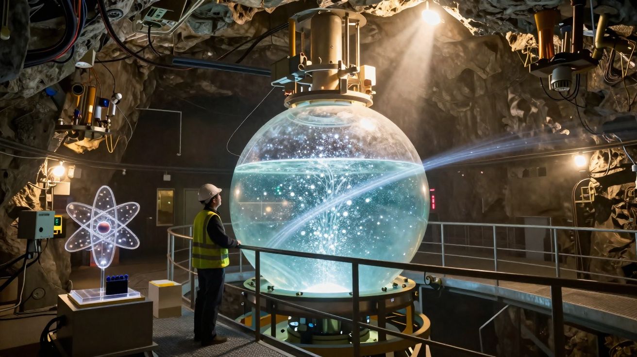 Pessoa com capacete e colete observa grande esfera iluminada em laboratório subterrâneo de energia nuclear.
