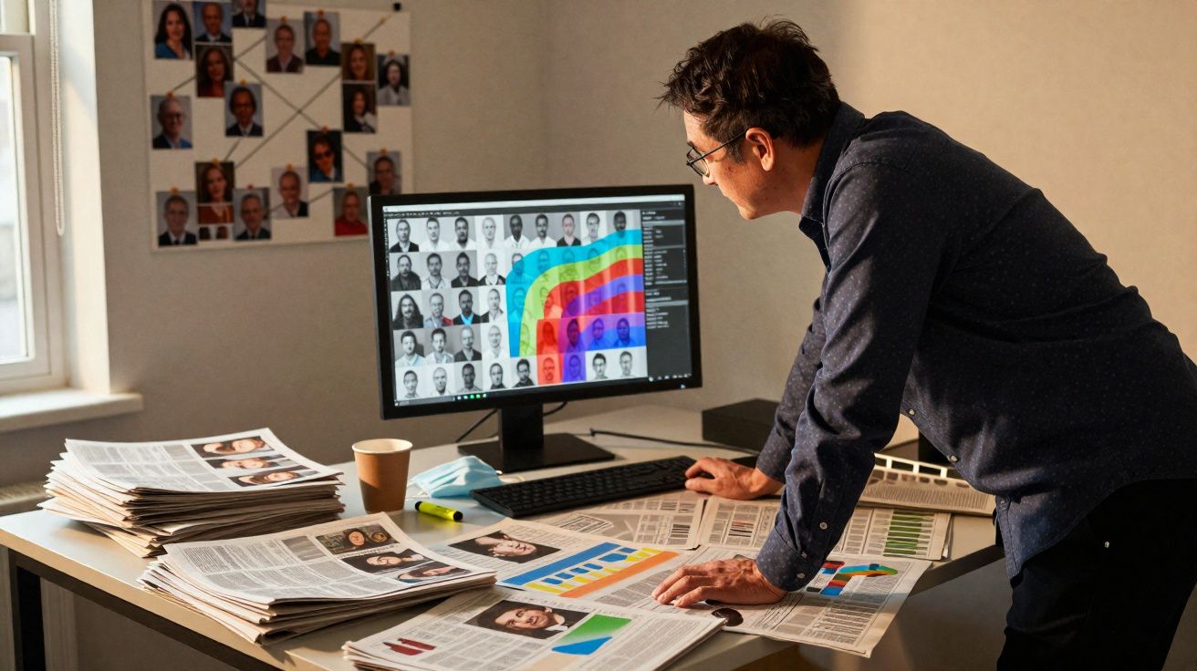 Homem analisa dados com gráficos e fotografias em computador e documentos numa mesa de escritório.