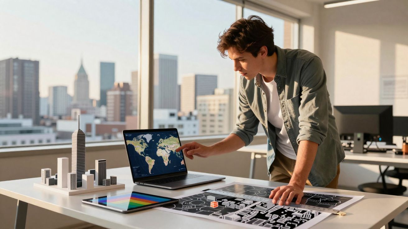 Homem jovem aponta para um mapa no portátil numa mesa com maquetes e plantas urbanísticas num escritório moderno.