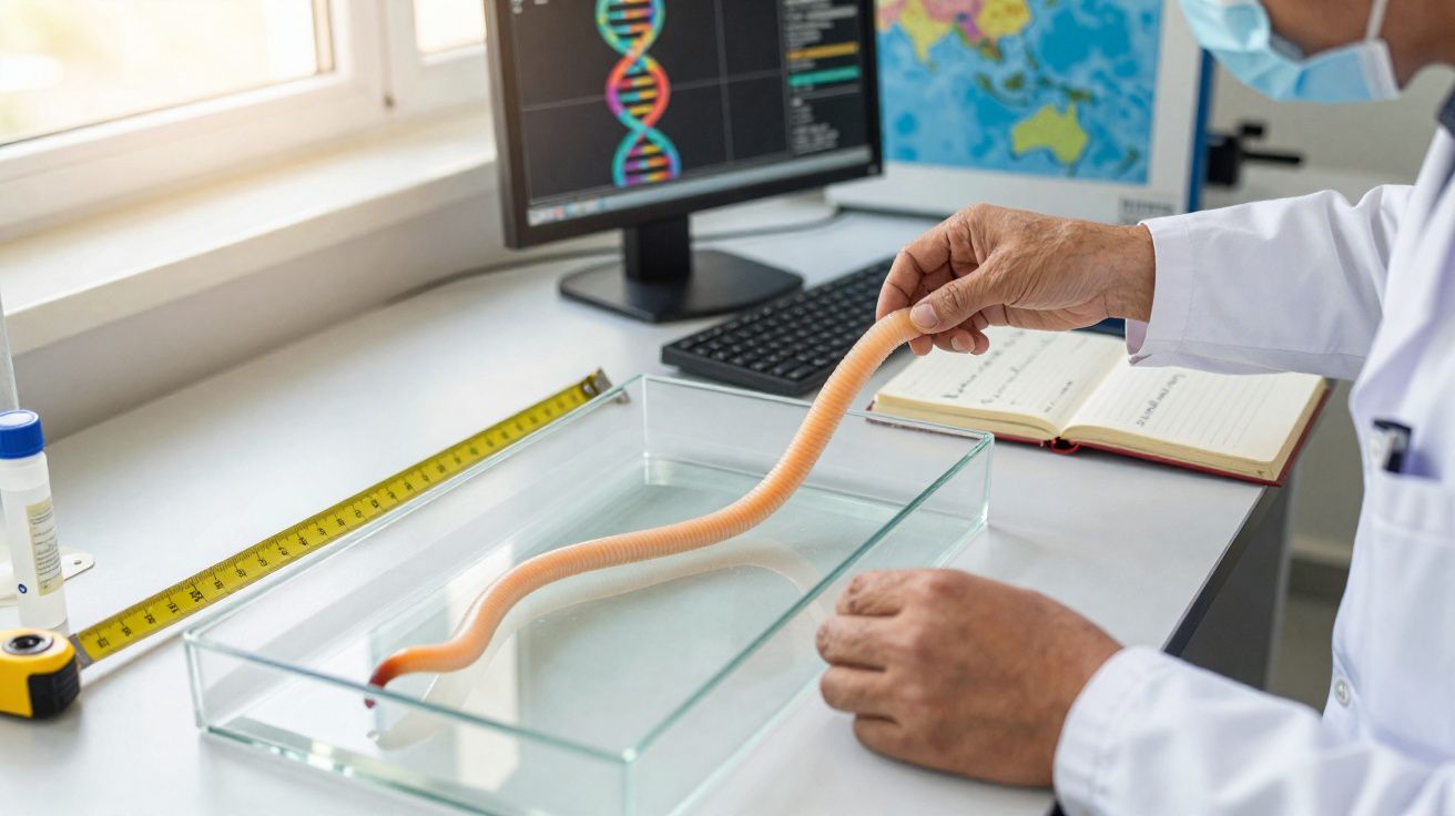 Investigador em laboratório a manipular modelo de DNA em tubo transparente com computadores ao fundo.