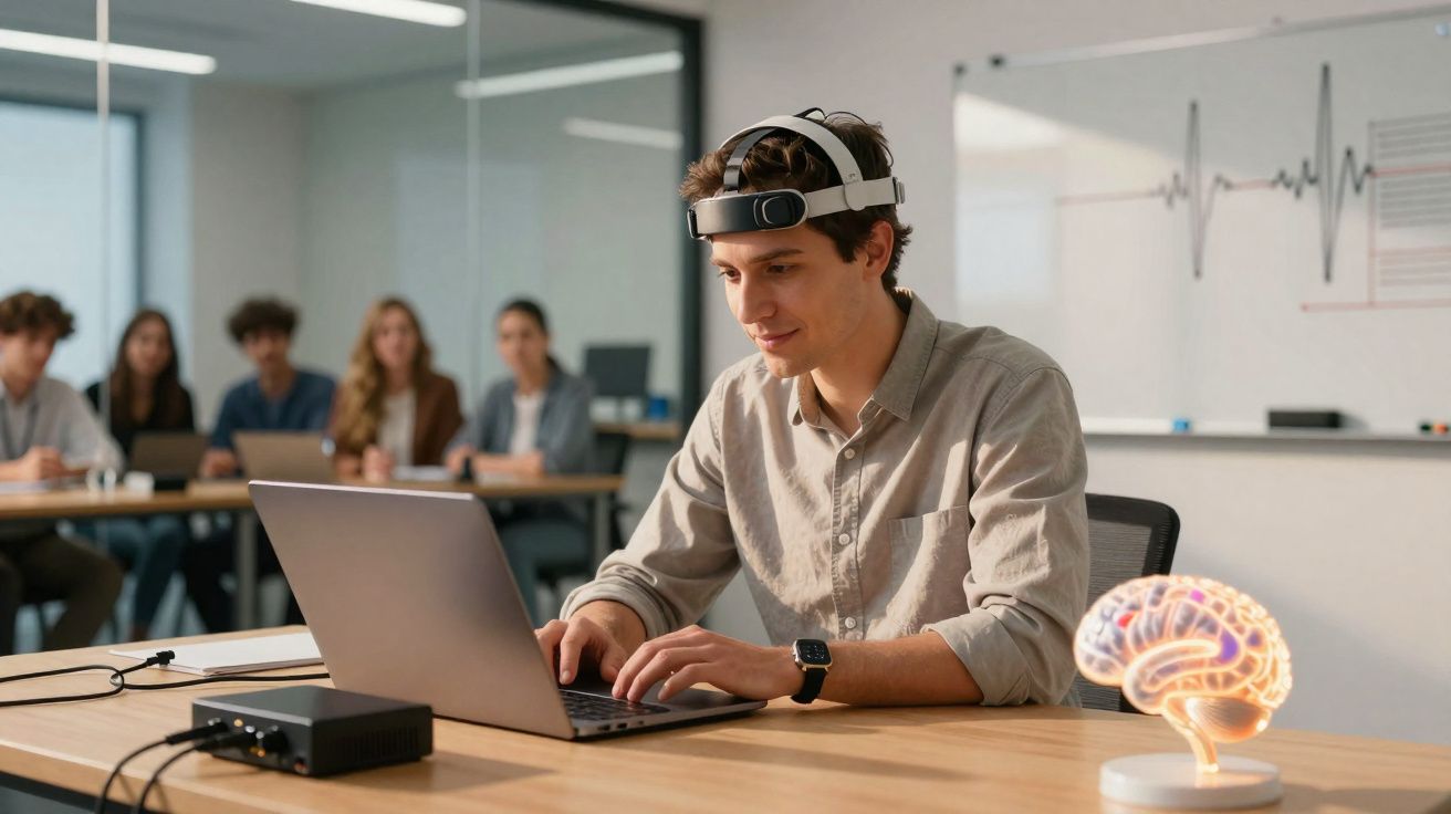 Homem jovem usa dispositivo na cabeça para estudo de atividade cerebral com grupo ao fundo.