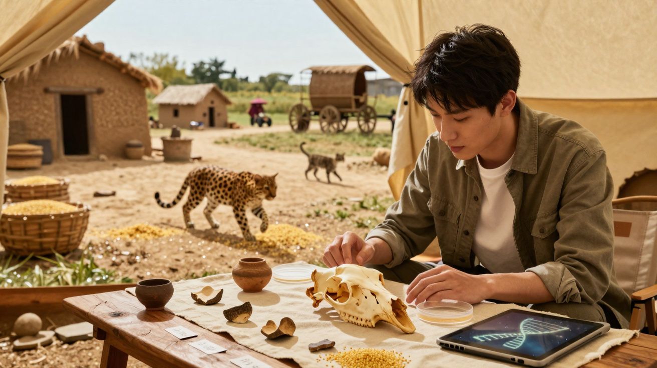 Homem analisa crânio animal num acampamento com cabanas e leopardos ao fundo.