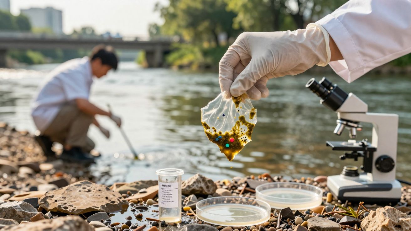 Mão com luva segura amostra poluída recolhida em rio para análise, com microscópio e investigador ao fundo.