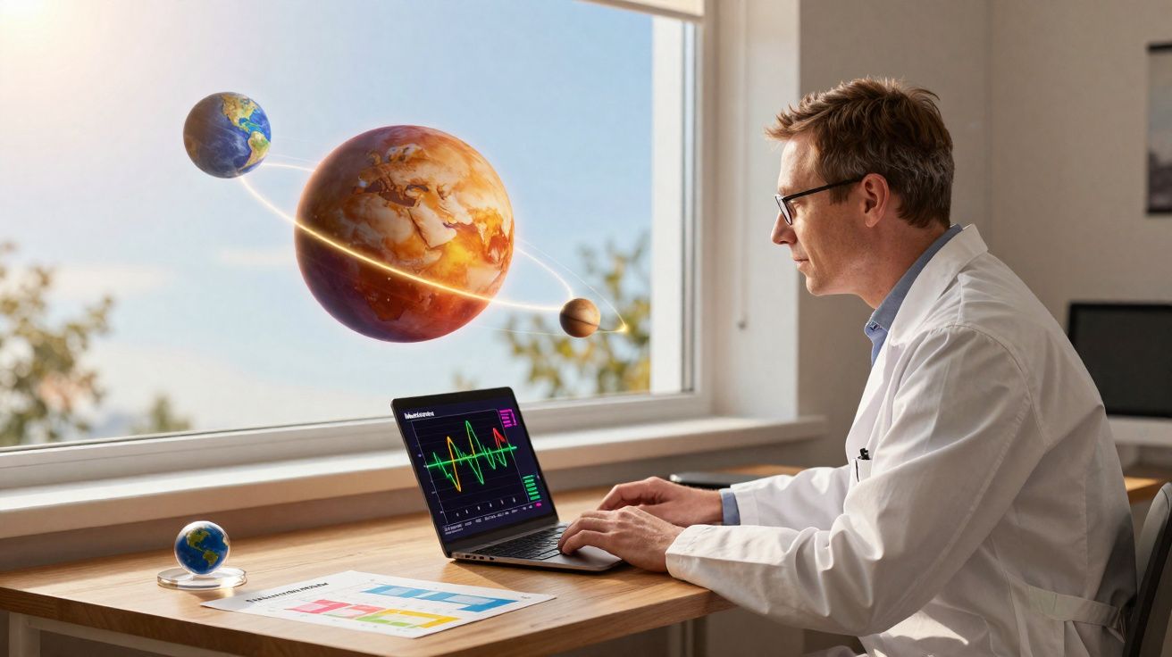 Homem de bata branca analisa no portátil gráficos eletrónicos com planetas flutuantes visíveis pela janela.