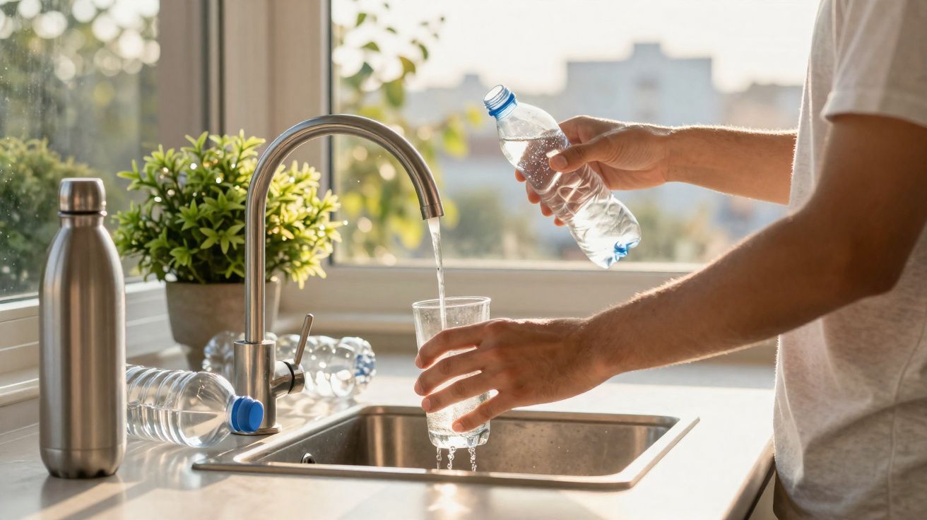 Pessoa a encher copo de água numa cozinha luminosa com garrafas e planta no balcão.