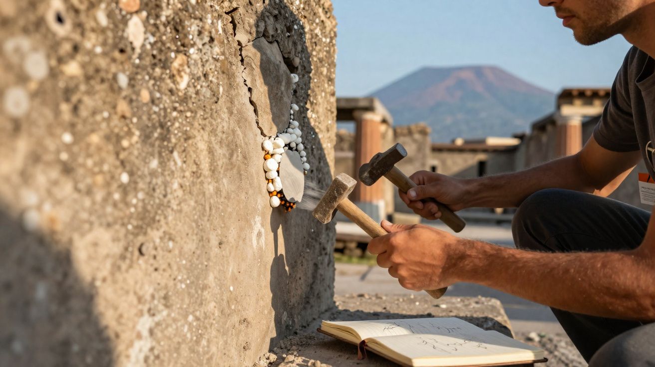 Pessoa a restaurar mosaico antigo numa parede de pedra com martelos e caderno aberto ao lado.