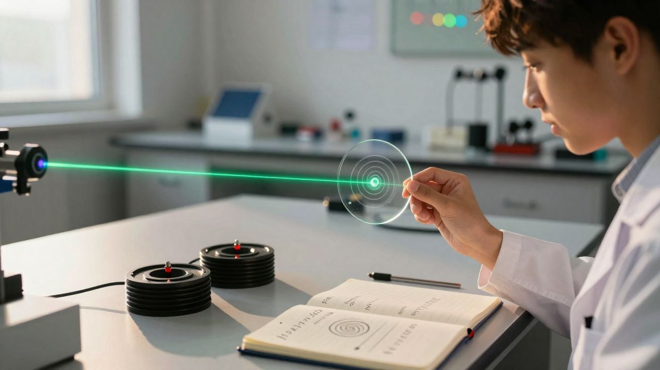 Jovem cientista em laboratório a testar um laser verde com lentes e anotações científicas numa mesa branca.