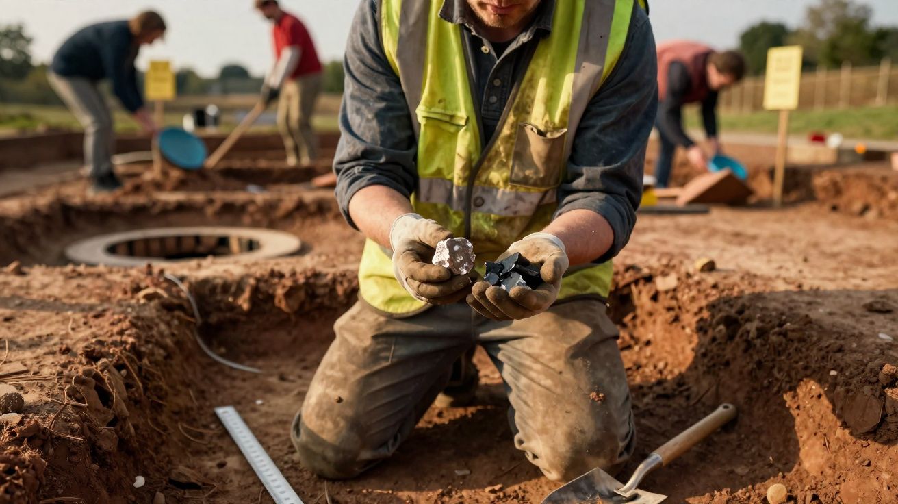 Arqueólogo com colete de segurança examina fragmentos encontrados em sitio de escavação arqueológica.