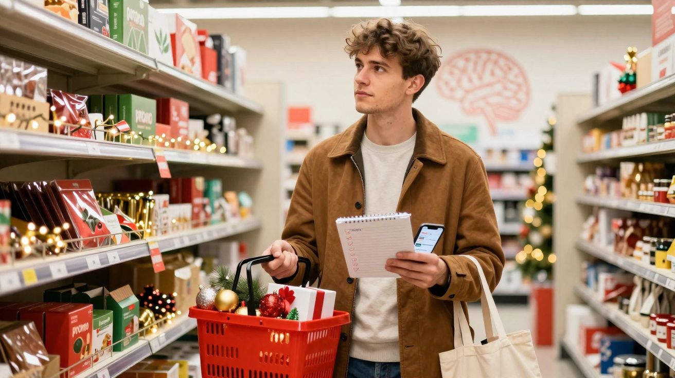 Homem jovem com cesto de compras e lista em supermercado decorado para Natal.