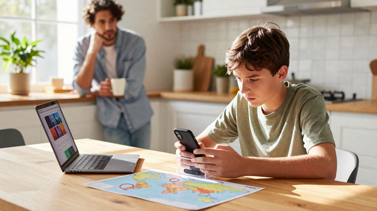 Jovem a usar telemóvel sentado à mesa com mapa e portátil, enquanto adulto observa com chá na cozinha.