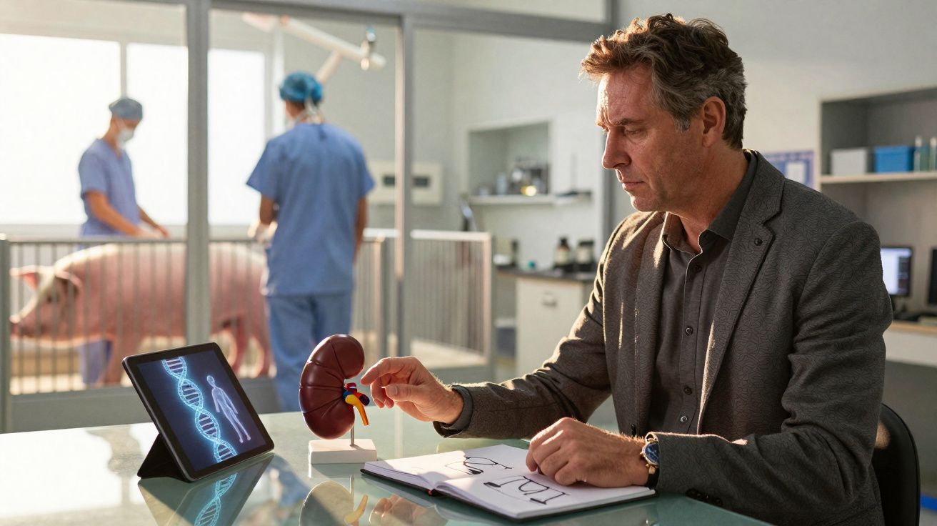 Homem analisa modelo de rim enquanto veterinários examinam porco numa clínica veterinária.