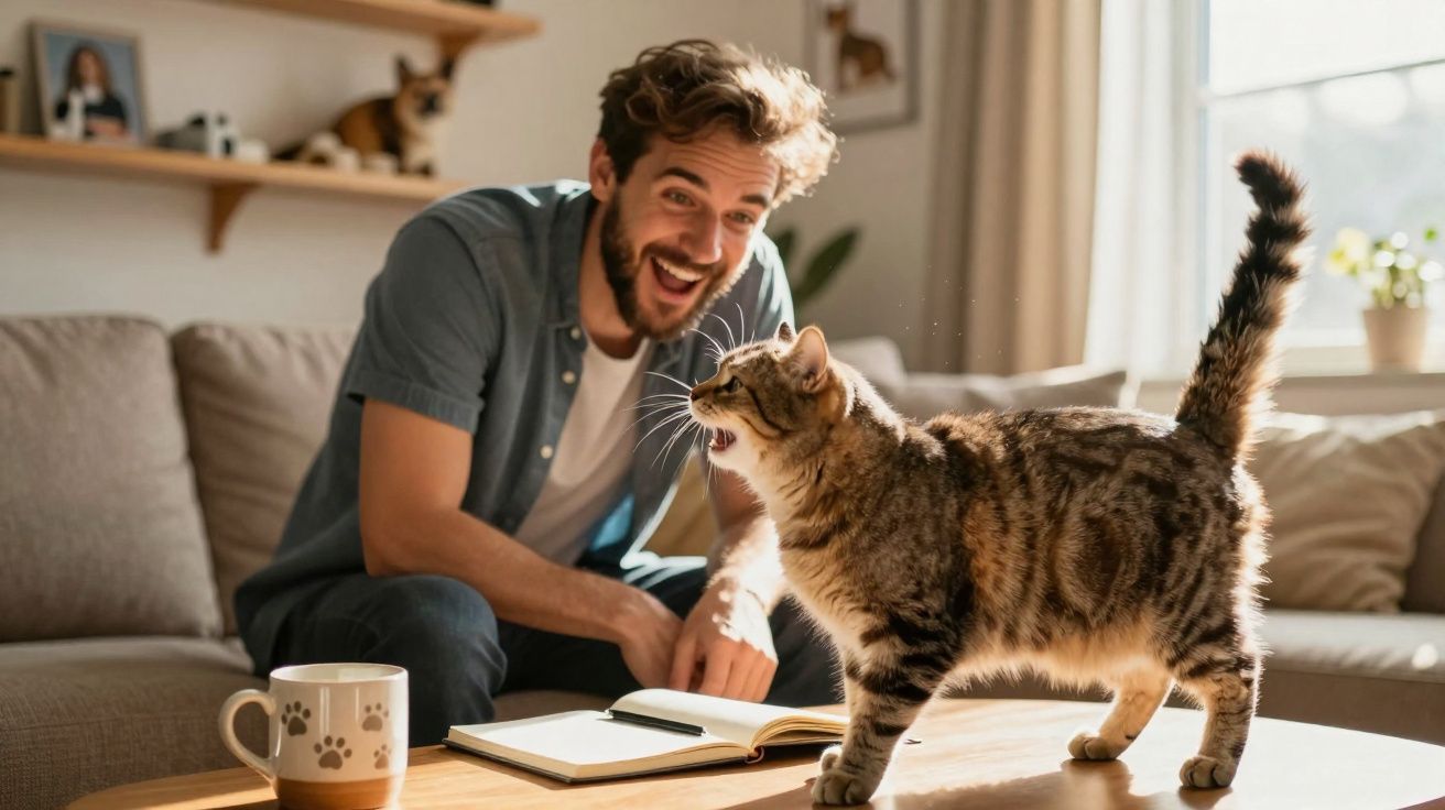 Homem sorridente sentado no sofá a brincar com um gato que está em cima da mesa junto a uma caneca e um caderno.