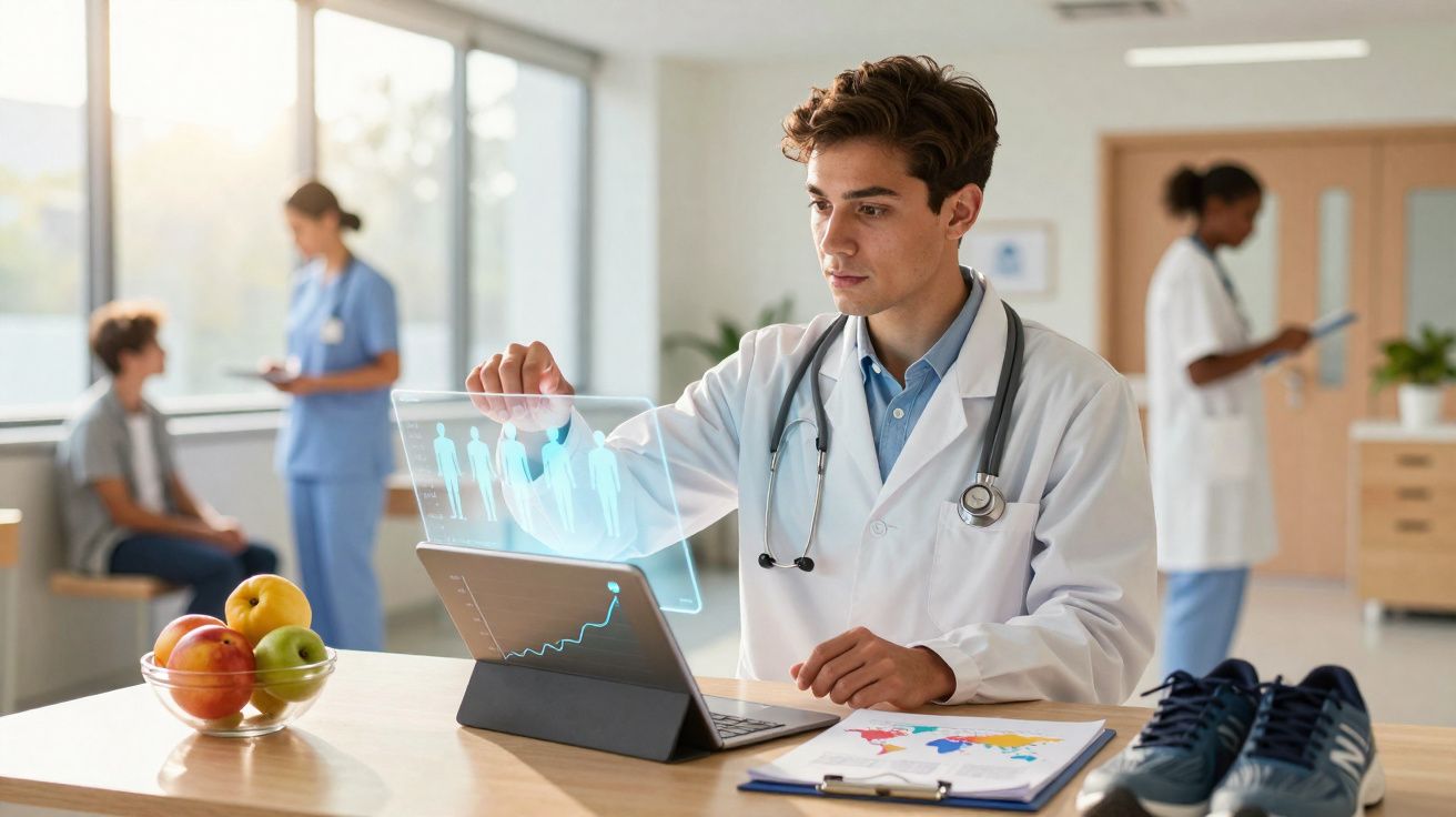 Médico com bata branca e estetoscópio usa ecrã tátil holográfico num consultório moderno com pacientes ao fundo.