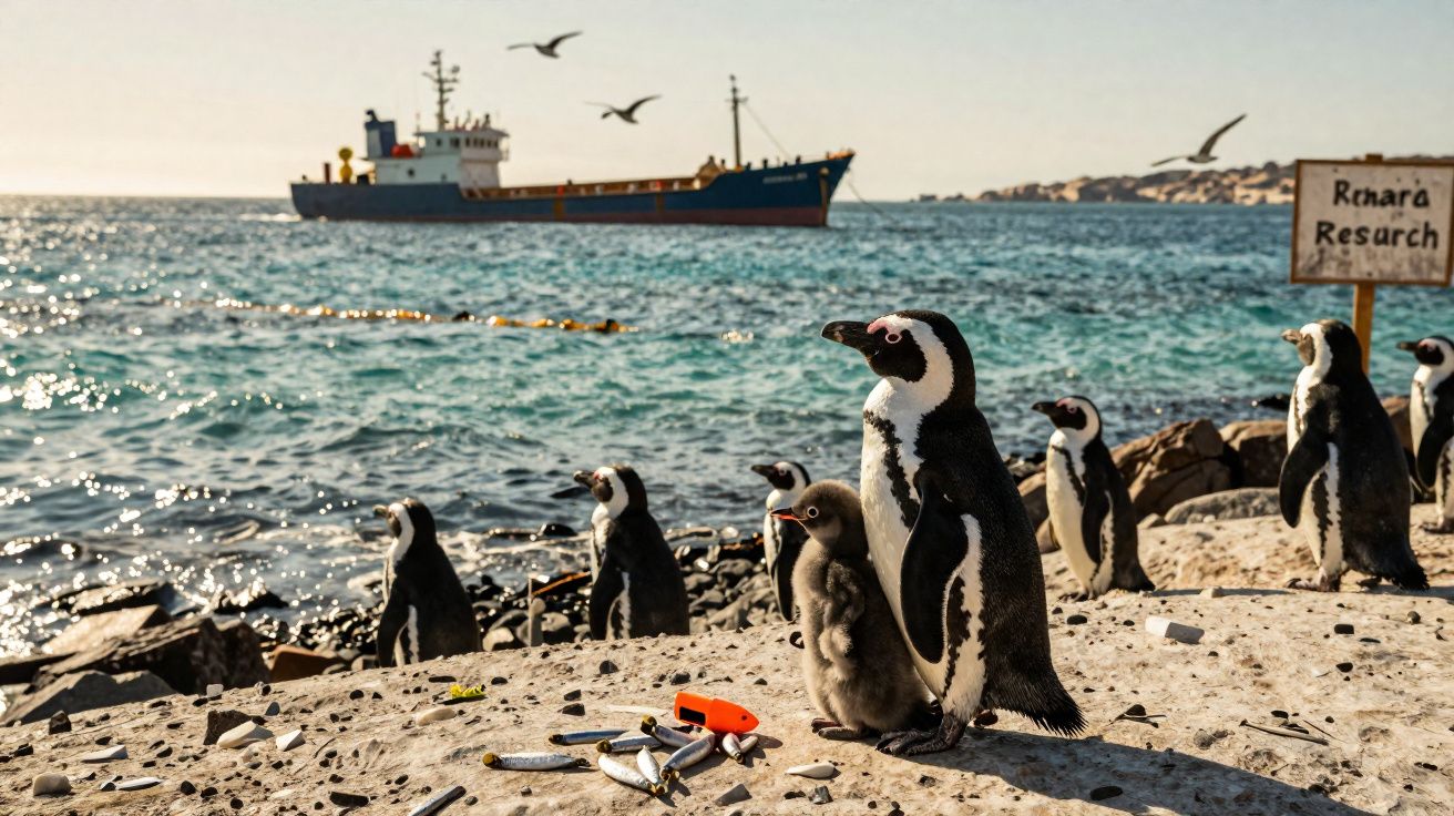 Pinguins africanos junto ao mar com barco ao fundo e placa com texto "Rehara Research" na praia rochosa.