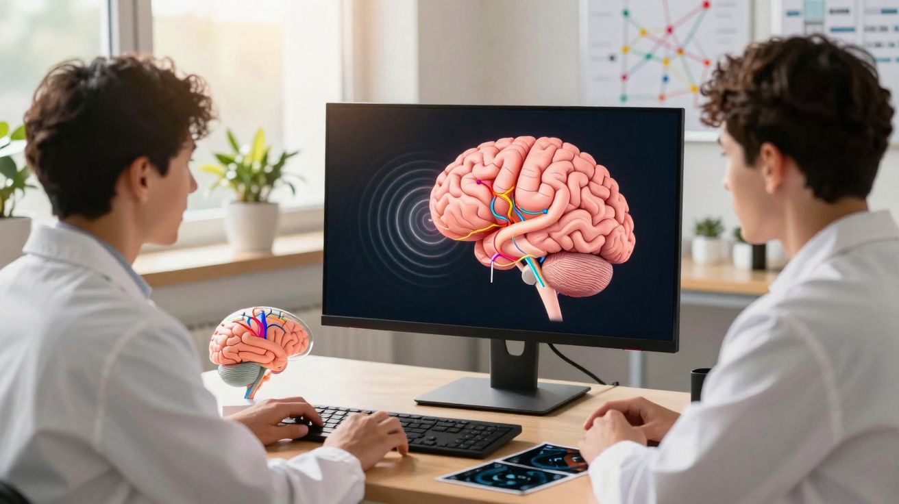Dois cientistas em laboratório analisam imagem 3D do cérebro humano num ecrã de computador.