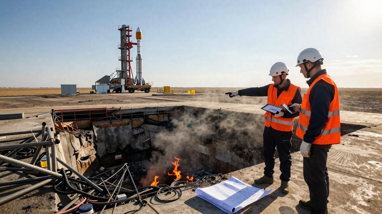 Dois trabalhadores com coletes refletivos e capacetes observam destroços em chamas perto de uma plataforma de lançamento de f