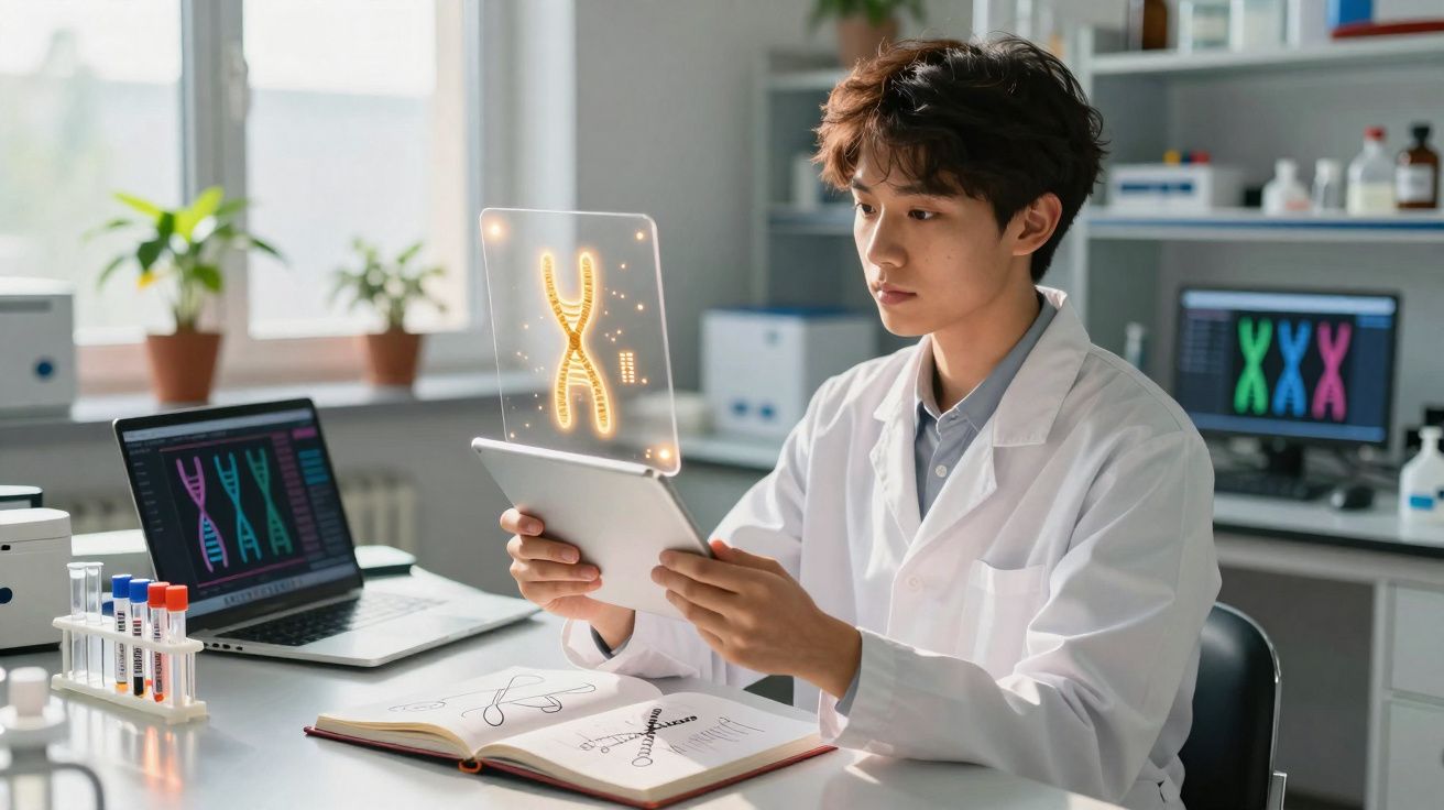 Cientista em laboratório a analisar dados genéticos digitais de ADN numa mesa com computadores e amostras.