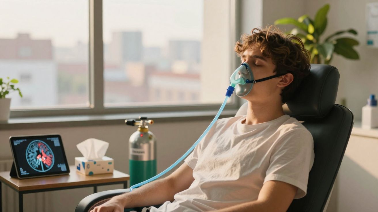 Jovem sentado em cadeira a receber oxigénio por máscara numa sala iluminada e moderna.