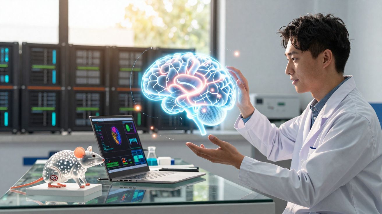Cientista em laboratório analisa holograma 3D de cérebro, com rato e computador à frente.