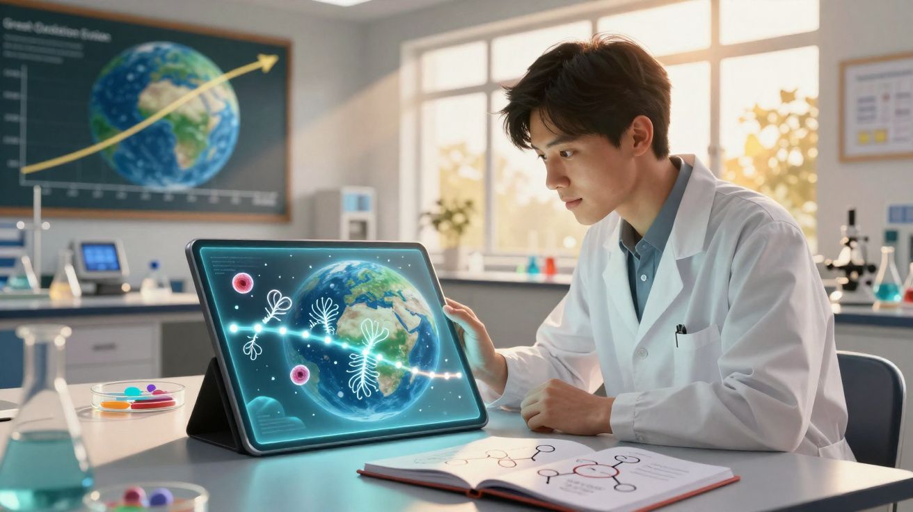 Cientista a estudar biologia molecular com visualização digital da Terra e moléculas numa tablet.
