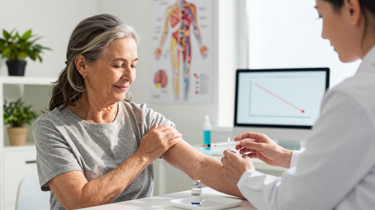 Mulher idosa a receber vacina no braço de profissional de saúde num consultório clínico.