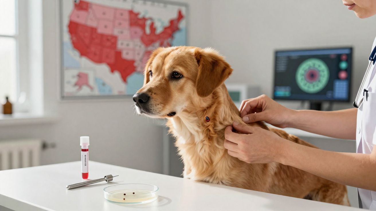 Veterinária a remover carrapatos de um cão dourado numa clínica veterinária.