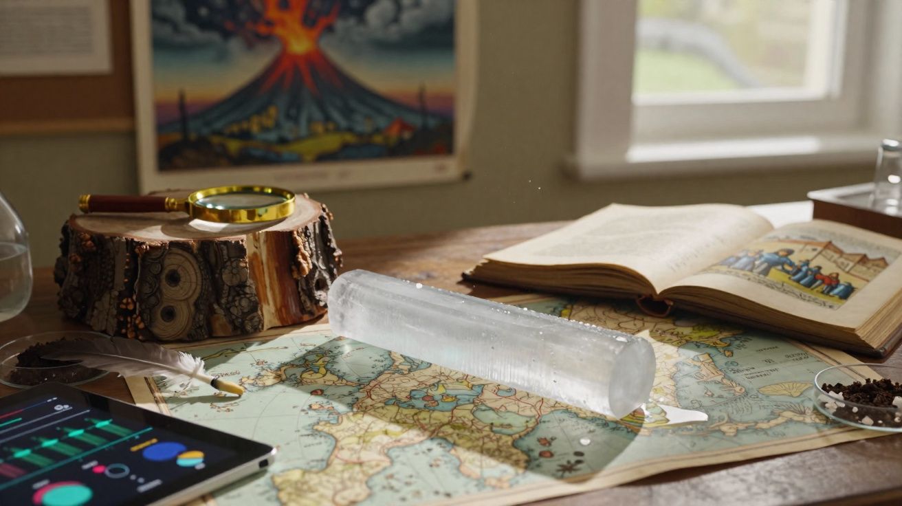 Mesa com mapa, livro aberto, lupa, tubo de gelo, pena e tablet com gráficos.